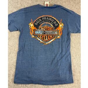 Harley Davidson Shirt Mens Blue Graphic Legendary Flame Y2K Biker Moto Tee Large